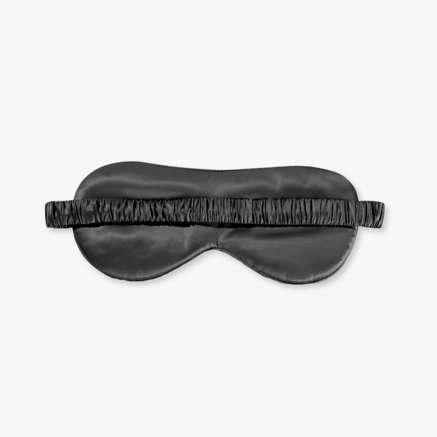 Black 22 momme mulberry silk sleep mask, front view with a gathered elastic band