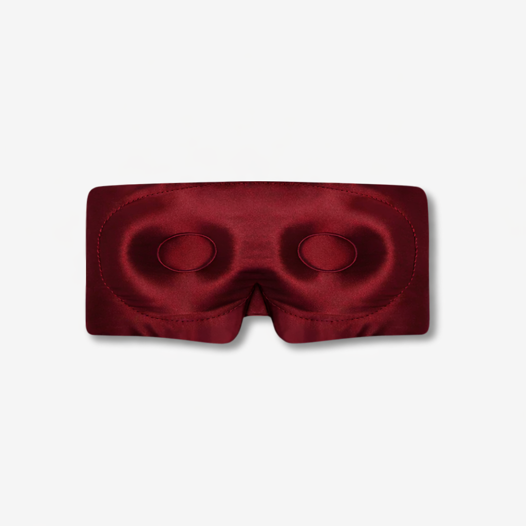 Burgundy LashGuard 3D sleep mask in 22 momme mulberry silk, front view of the contoured eye cups