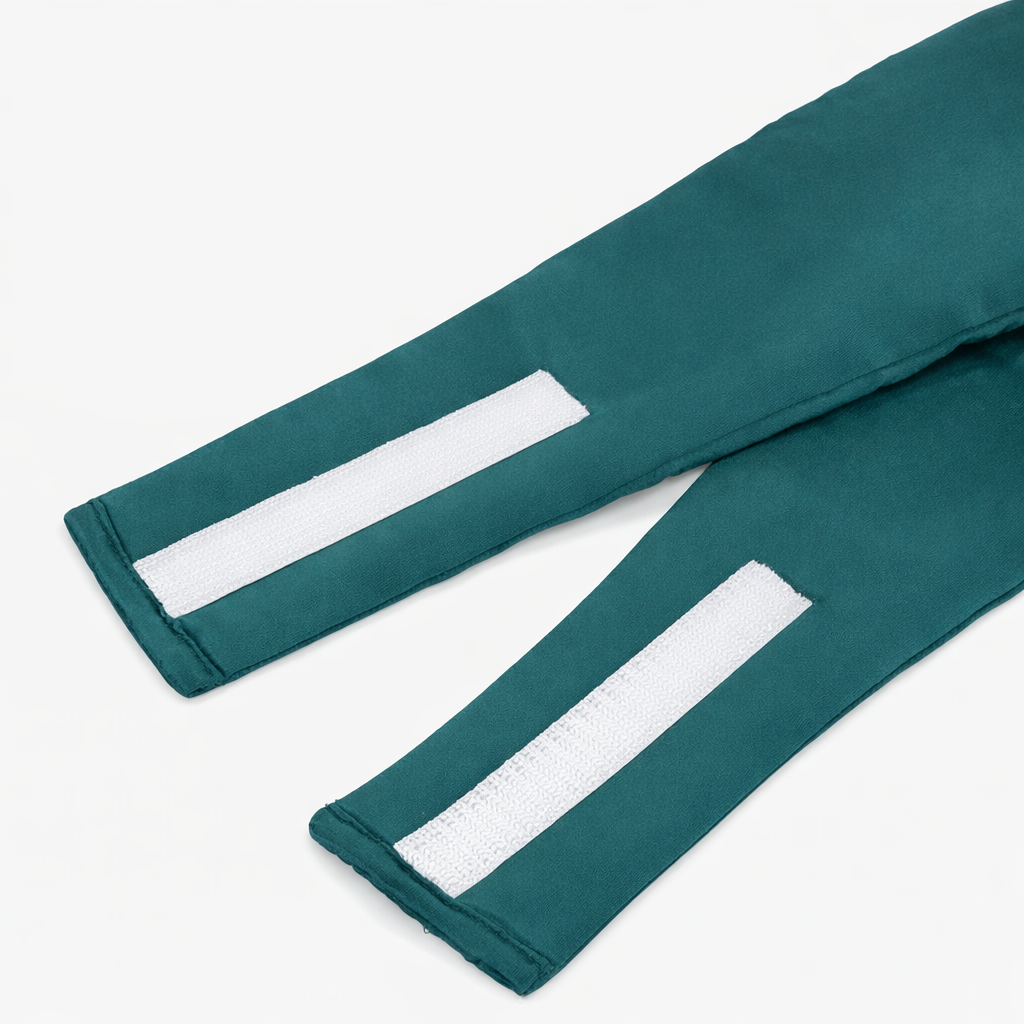Green Deep 22 momme mulberry silk sleep mask, close-up of the adjustable hook-and-loop strap
