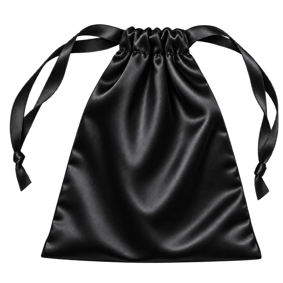 A black silk drawstring travel pouch for a sleep mask, ribbon ties knotted at each end