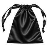 A black silk drawstring travel pouch for a sleep mask, ribbon ties knotted at each end